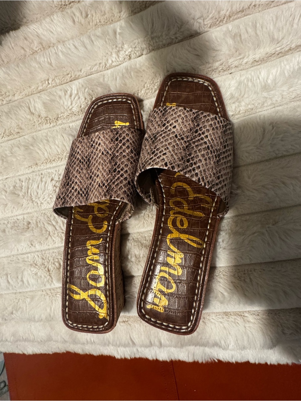 Sam Edelman Brown Croc-Embossed Slide Sandals with Snake-Print Upper